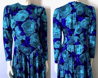 Vintage 90's Blue, Turquoise, Floral, Long Sleeve, Dress by JSJ (S)