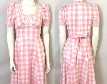 Vintage 70's Pink, White, Check, Maxi Dress (Size 2)
