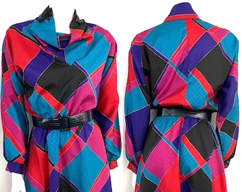 Vintage 80's Red, Blue, Geometric, Long Sleeve, Dress (M)