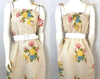 Vintage 70's Deadstock, Cream, Floral, Trapeze Dress (M)