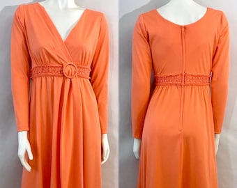 Vintage 70's Peach, Maxi Dress, Long Sleeve, Polyester, Gown (M)