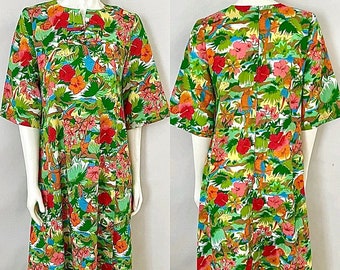 Sidan vintage des années 70, robe hawaïenne, fleurs, manches cloche (M)