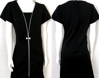 Vintage 70's Mod, Black, Rhinestone, Short Sleeve, A Line Dress (M)