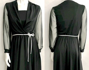 Vintage 70's Black, Polyester, Sheer Sleeve, Dress (S)