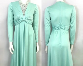 Vintage 70's Mint Green Beaded Maxi Gown (Size 6)