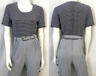 Vintage 80's Gray, Blue, Striped, Short Sleeve, Belted, Jumpsuit (S)