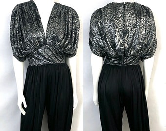 Vintage 80's Black, Silver, Draping Jumpsuit by Susan Roselli for Vijack (Size 6)