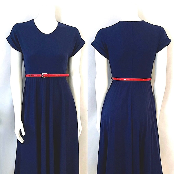 Vintage 70's Navy Blue, Cap Sleeve, Pleated Dress (S)