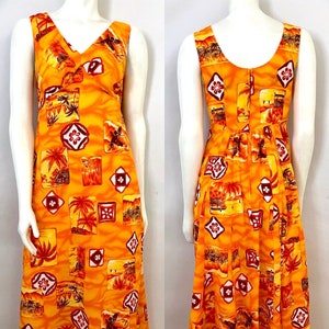 Vintage 70&#39;s Holo Holo, Hawaiian, Neon Orange, Sleeveless, Maxi Dress (S)