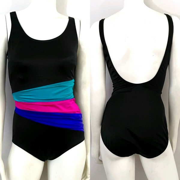 vintage 80's Noir, Néon, Rayé, Une Pièce, Maillot de bain (M)