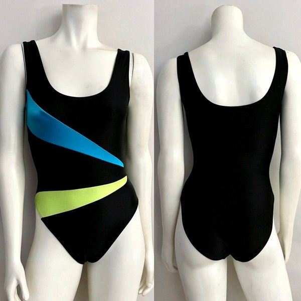 Vintage 80's Black, Neon, Striped, One Piece, Swimsuit (S)