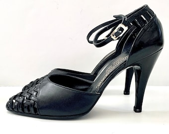 80's Deadstock, Black Leather, Woven Toe, Heels by Chandlers (size