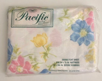 Vintage Bedding 80's White, Floral, Flat Sheet by Pacific