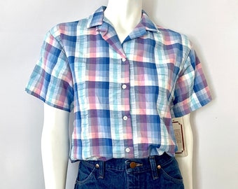 Vintage 80's Deadstock, Maverick, Blue, Plaid, Blouse (M)