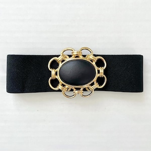 Vintage Belts 80&#39;s Black, Gold, Stretchy Elastic Belt (L-XL)