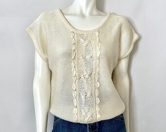 80's Beldoch Popper, Off White, Short Sleeve, Sweater (M)