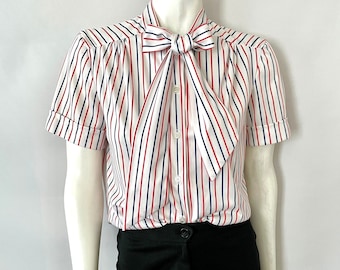 Vintage 80's White, Red, Blue, Striped, Blouse (Size 10)