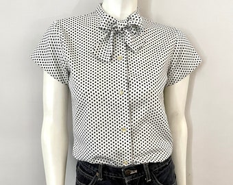 Vintage 70's White, Polka Dot, Bowtie Blouse (S)