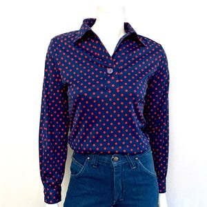 70&#39;s Disco, Navy Blau, Polka Dot, Bluse, Langarm (Größe 4/6)