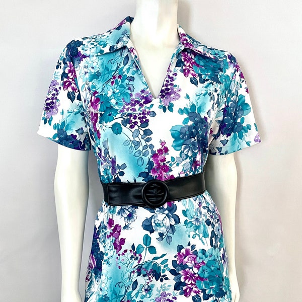 Vintage 70's Teddi, White, Teal, Polyester, Floral Blouse (XL)