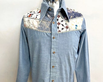 Vintage 70's Kennington, Blue Chambray, Patchwork, Shirt (L)