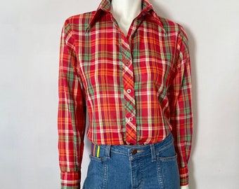 Vintage 70's Red, Plaid, Long Sleeve, Blouse (Size 8)