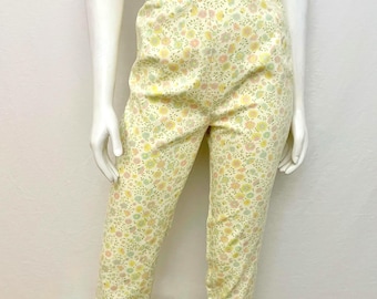 50's/60's Pastel Yellow, Floral High Waisted, Cigarette Pants (Size 4)