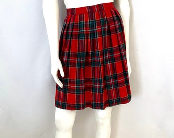 Vintage 80's Red, Wool Blend, Plaid, Pleated, Skirt (XS)