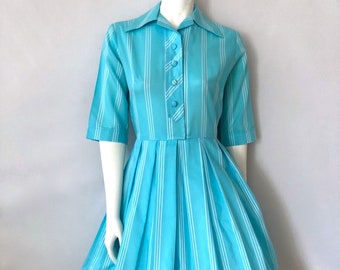Vintage 50's Turquoise, Striped, Half Sleeve, Swing Dress (M)