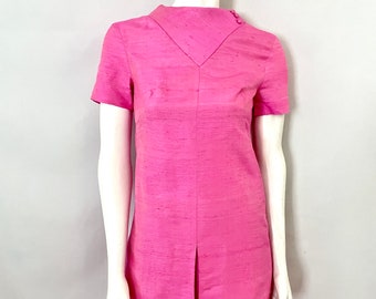 Vintage 60's Mod, Neon Pink, Silk, A-Line, Dress (Size 2)