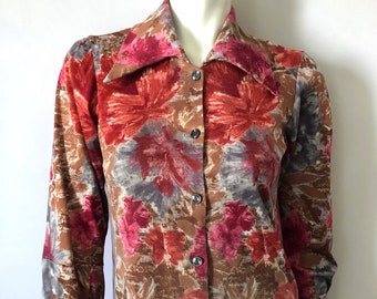 70's Bunt, Floral, Langarm, Disco Bluse (S)