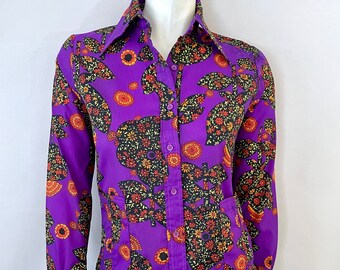 Vintage 70's Marlboro, Purple, Floral, Long Sleeve, Blouse (S)