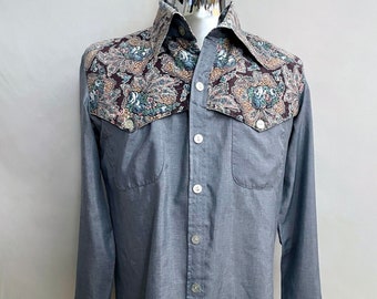 Vintage 70's Blue Chambray, Floral, Long Sleeve, Shirt by Duffy (M)