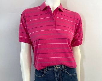 Koszulka polo Chesterfield z lat 80. w kolorze różowym, w paski, z krótkim rękawem (L)