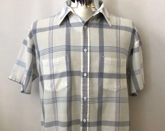 2X Plaid Vintage Mens 80/'s Van Heusen White Short Sleeve Button Down Shirt