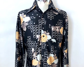 Vintage 70s Charisma All Over Print Disco Shirt Nylon Psychedelic Trippy Groovy Trees Birds Autumn Paisley Tab Collar