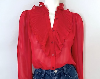 Vintage 80's Red, Long Sleeve, Ruffle, Blouse by Fritzi (M)