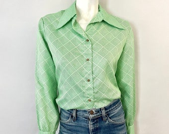 Vintage 70's Saks Fifth Ave, Green, Checkered, Disco Blouse (M)