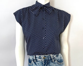 Vintage 70's Navy Blue, Polka Dot, Sleeveless, Bowtie Blouse (M)