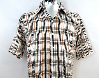 Vintage 70's White, Brown, Plaid, Short Sleeve, Shirt by Towncraft (L)