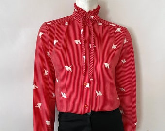 Vintage 70's Red, White, Floral, Sheer, Ruffle Blouse (Size 6)