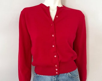 Pull cardigan rouge vintage des années 60 à manches longues (M)