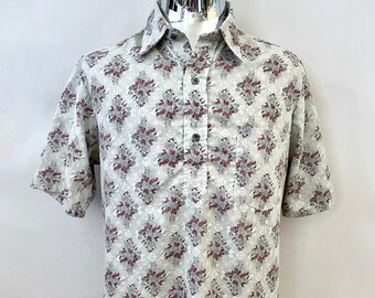 Vintage 70's Don Giovani, Gray, Floral, Short Sleeve, Disco Shirt (L)