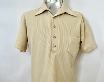 Vintage 70's Tan, Polyester, Short Sleeve, Disco Polo (XL)