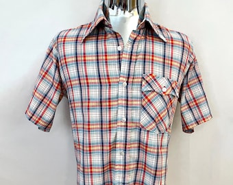 70's White, Plaid Short Sleeve, Shirt by Plain Pockets (L)