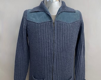 Vintage 90's Blue Marino Wool, Suede, Knit, Zip Up Sweater (M)