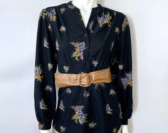 Blusa negra de los años 70, con estampado floral, mangas raglán, de poliéster (Talla 10)