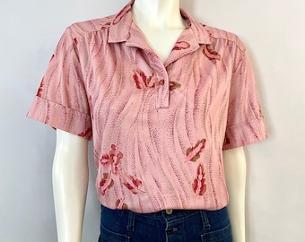 Vintage 70's Pink, Floral, Short Sleeve, Blouse (XL)