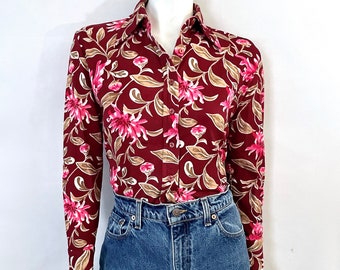 70's Burgundy, Floral, Long Sleeve, Blouse (Size 6 Pet)