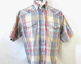 Vintage 80's Wrangler, Plaid, Short Sleeve, Snap Button Shirt (XL)